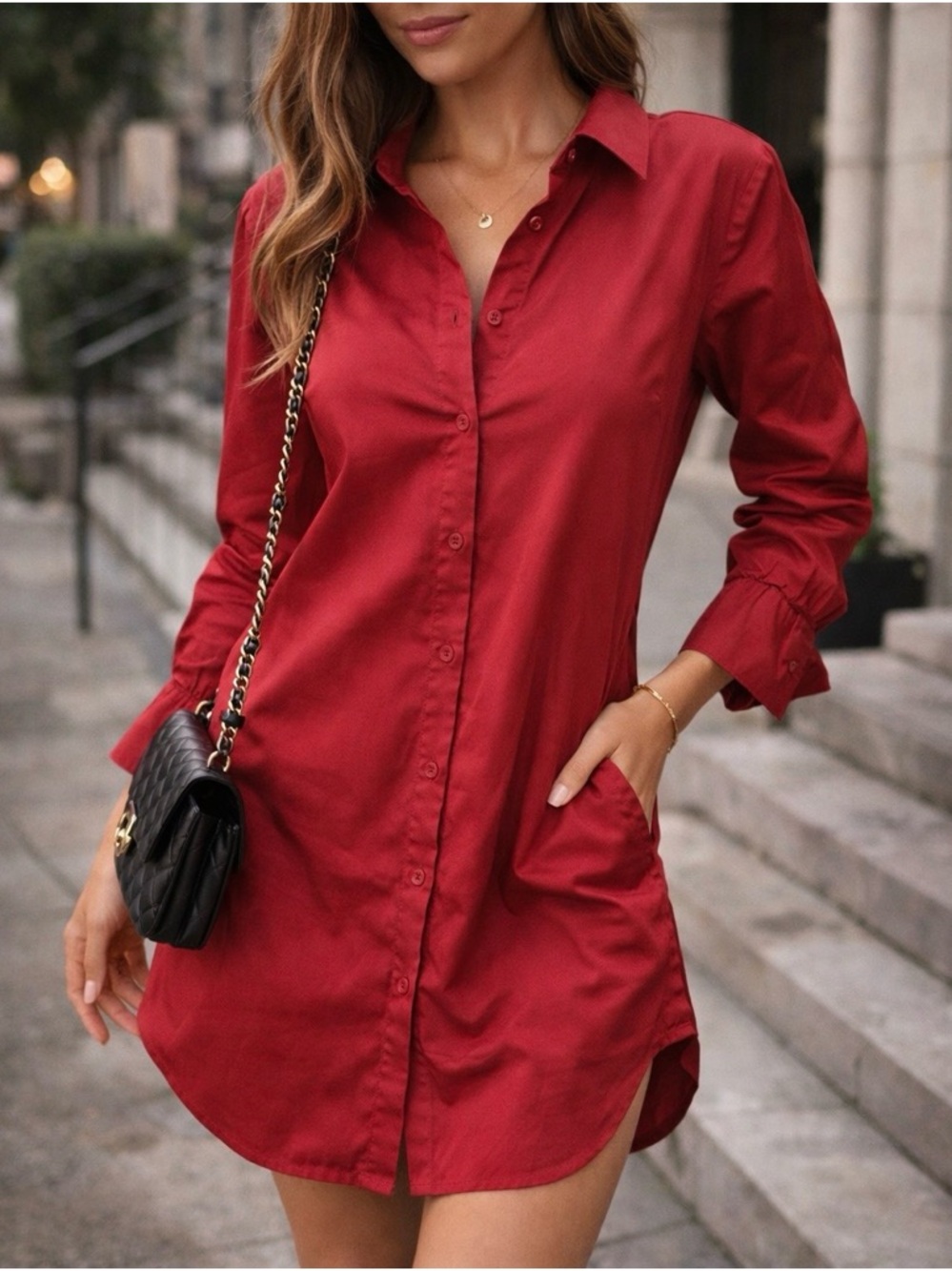 NY Collection Women Cotton Petite Burgundy Longline Button Up Tunic Shirt - Picture 4 of 12